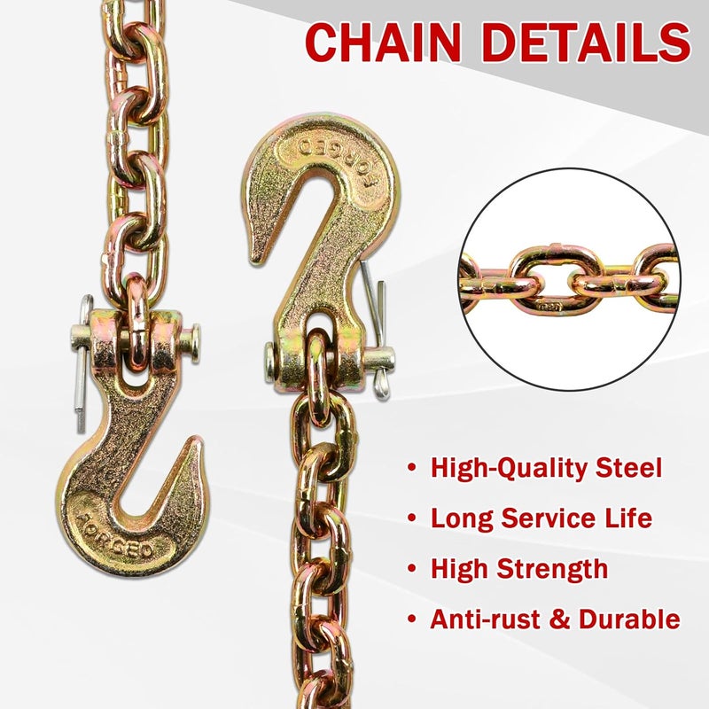 BIGREAT Heavy Duty G80 Transport Binder Chain 1/4'' Inch x 12 Feet,Tow Chain with G70 Clevis Grab Hooks,3300 lbs Safe Working Load Logging for Transporting, Towing(1/4'' x 12FT Yellow). - Image 4